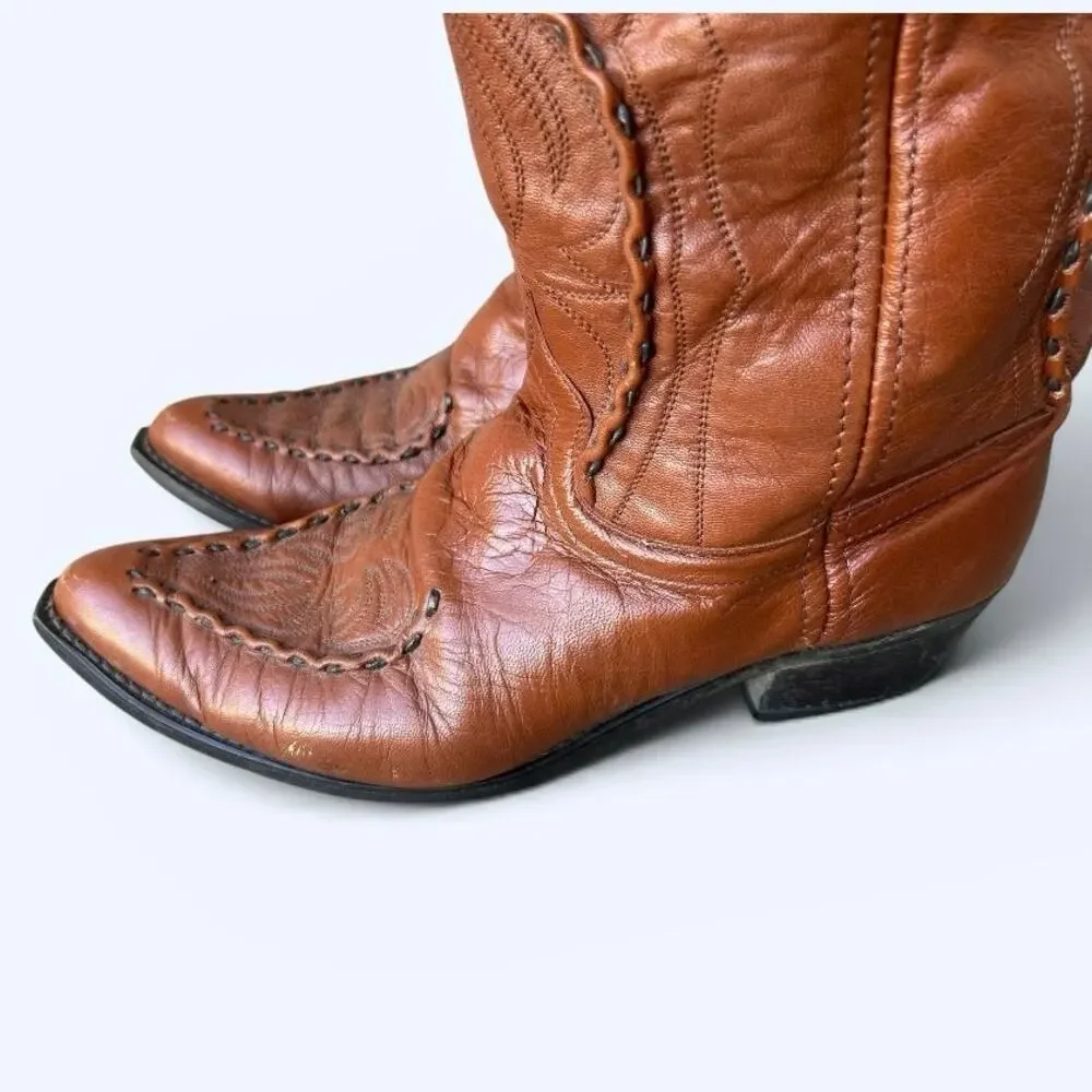 Vintage Western Cowboy Boots Men’s Size 12D Brown Leather Snip Toe Whip Stitched
